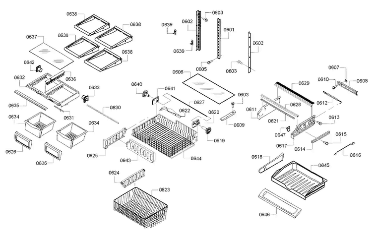 Shelf/rack Assy Diagram and Parts List for B22FT80SNS 01 Bosch Refrigerator