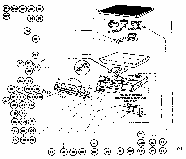 Electric Burner Box Assembly Diagram and Parts List for RES30Q  Thermador Range
