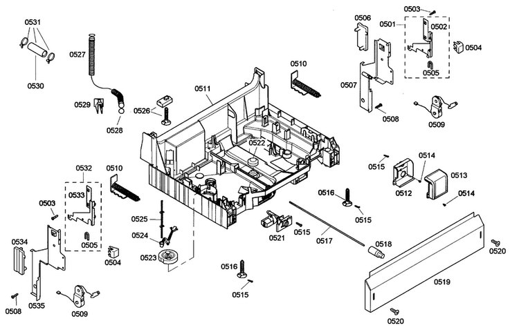 Base Assy Diagram and Parts List for SHE42L16UC 38 Bosch Dishwasher