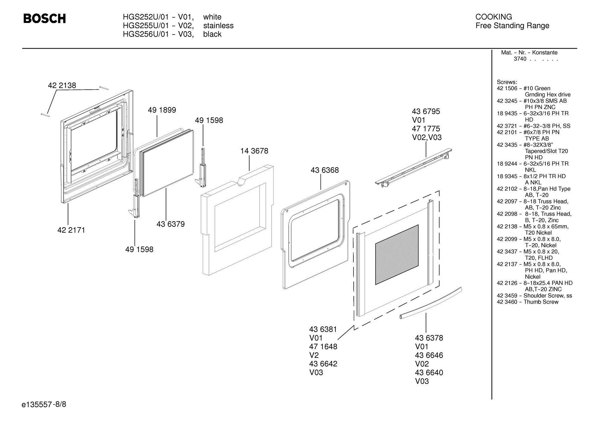 08 - RANGE DOOR Diagram and Parts List for HGS255U  Bosch Range