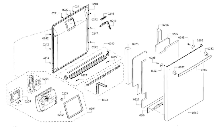 Door Diagram and Parts List for SHXN8U55UC 01 Bosch Dishwasher