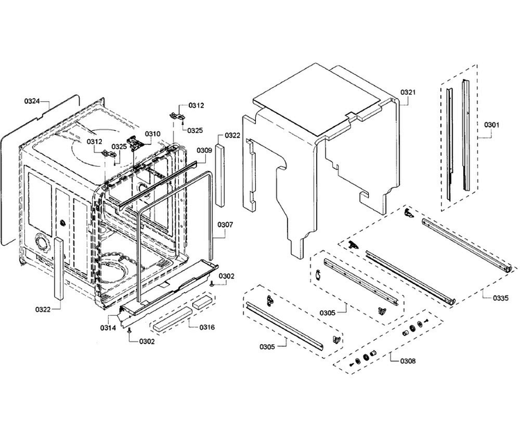 Cabinet Section Diagram and Parts List for SHE7PT52UC 07 Bosch Dishwasher