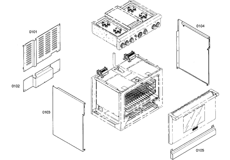 Outside Cabinet Diagram and Parts List for PRD364EDG02  Thermador Range