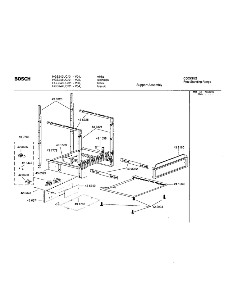 Support Assembly Diagram and Parts List for HGS246UC 01 Bosch Range