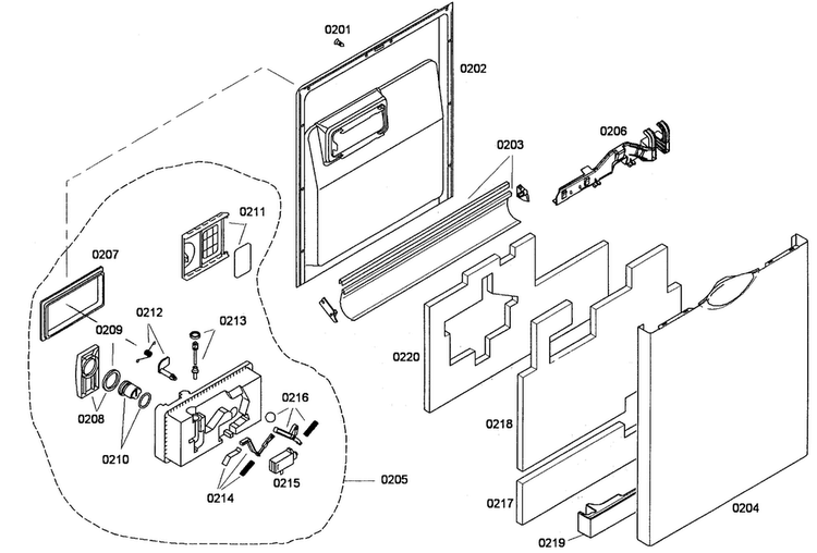Door Assy Diagram and Parts List for SHE65P06UC 53 Bosch Dishwasher