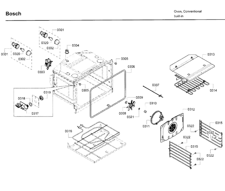 Inner Parts Diagram and Parts List for HBL5650UC 09 Bosch Wall Oven