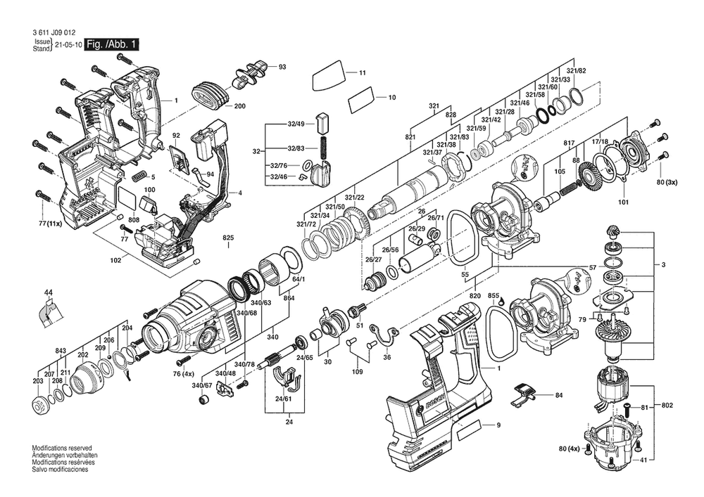 Section 1 Diagram and Parts List for 3611J09012  Bosch Hammer Drill
