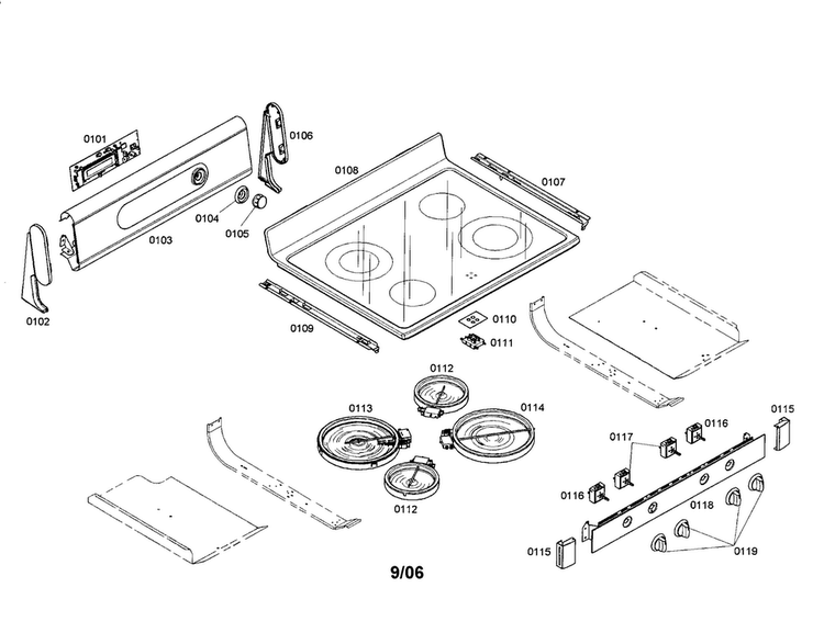 Cooktop Diagram and Parts List for HES5062U 01 Bosch Range