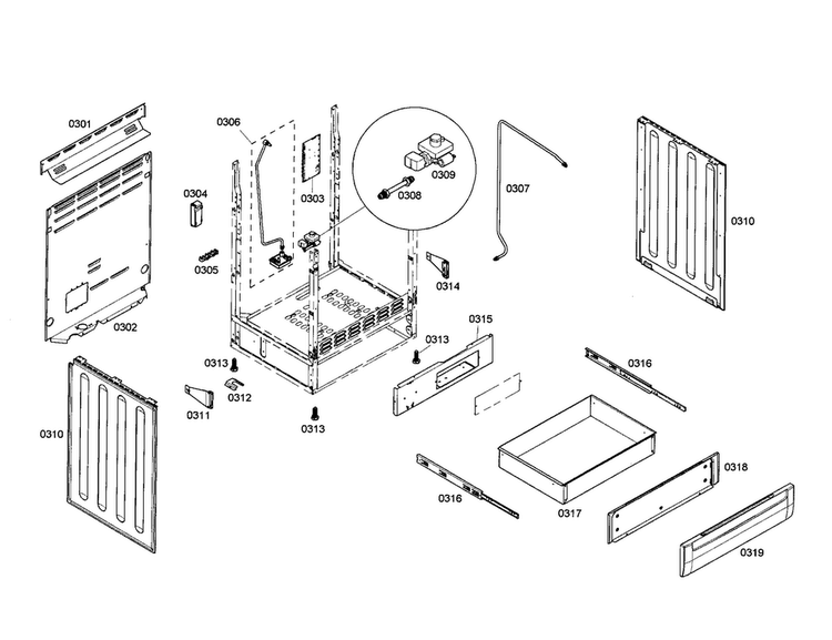 Drawer/side Panels Diagram and Parts List for HGS5062UC 01 Bosch Range
