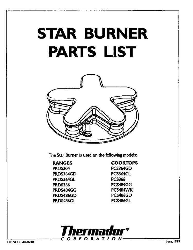 Cover Diagram and Parts List for PRDS484GG  Thermador Range