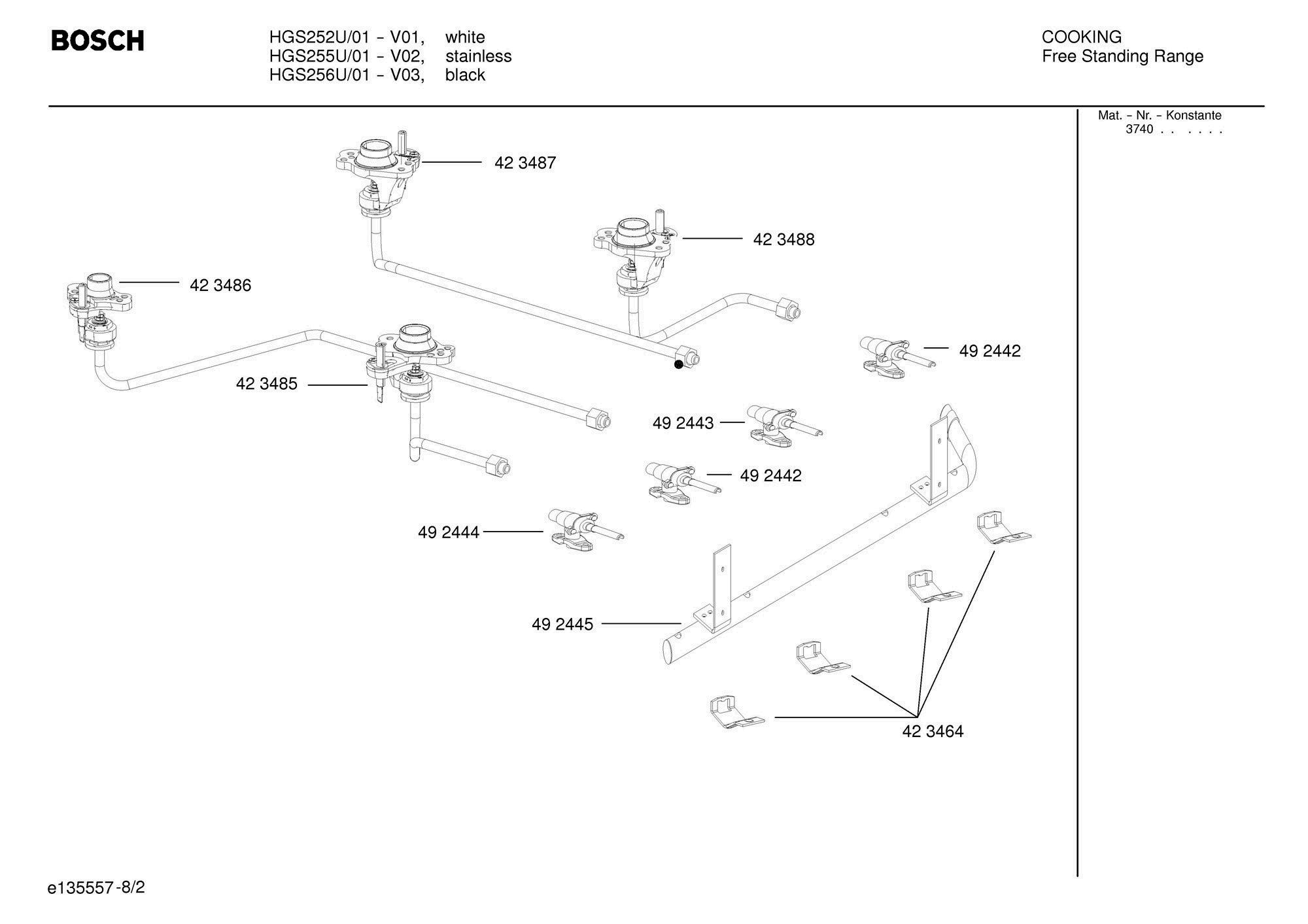 02 - BURNERS Diagram and Parts List for HGS255U  Bosch Range