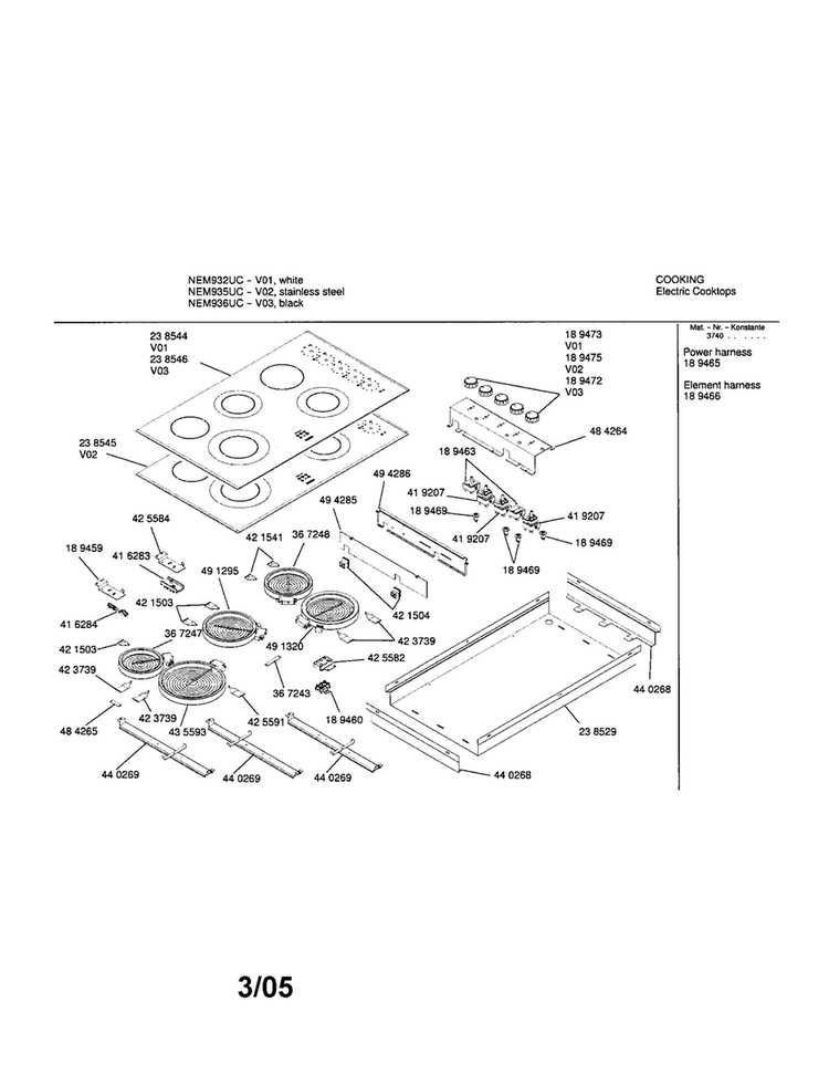 Electric Cooktop Diagram and Parts List for NEM936UC 01 Bosch Cooktop