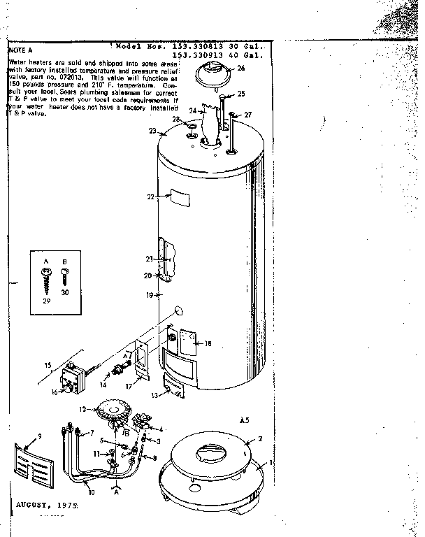 Replacement Parts Diagram and Parts List for 153330913  Kenmore Water Heater