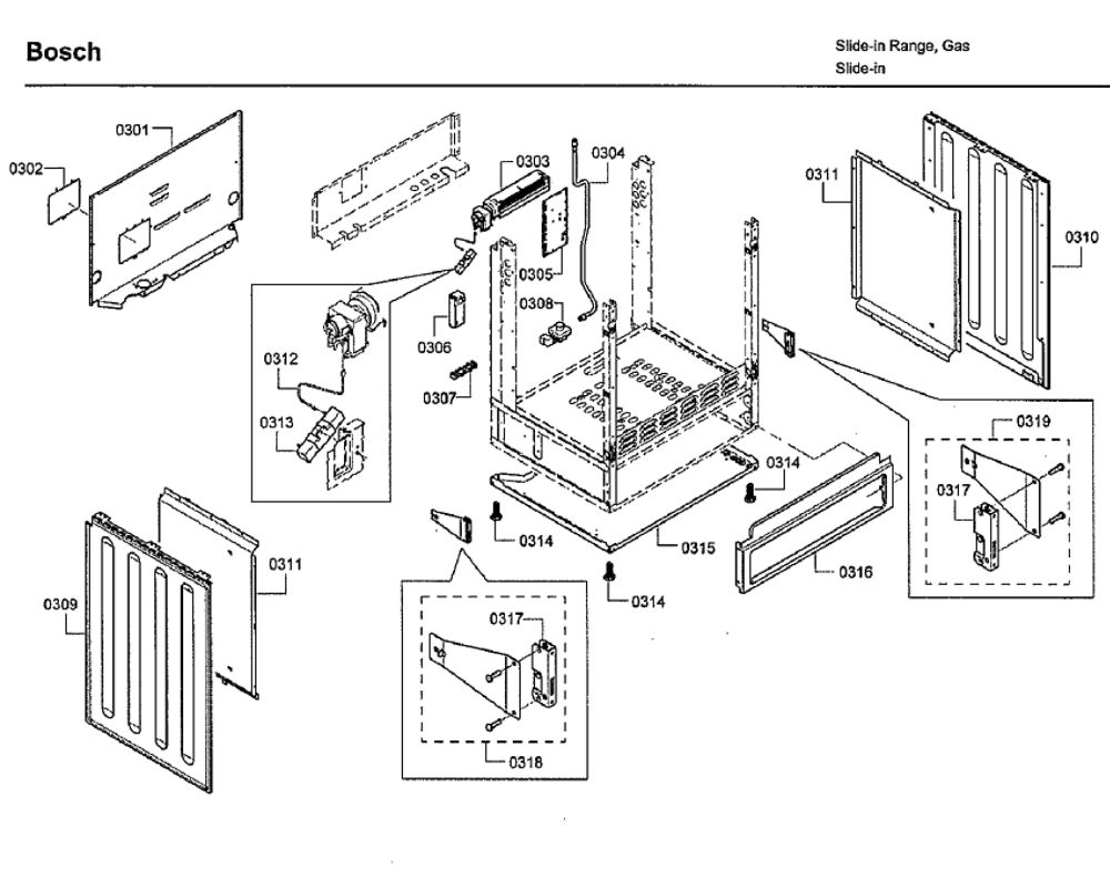 Cabinet Diagram and Parts List for HDI7282U 05 Bosch Range