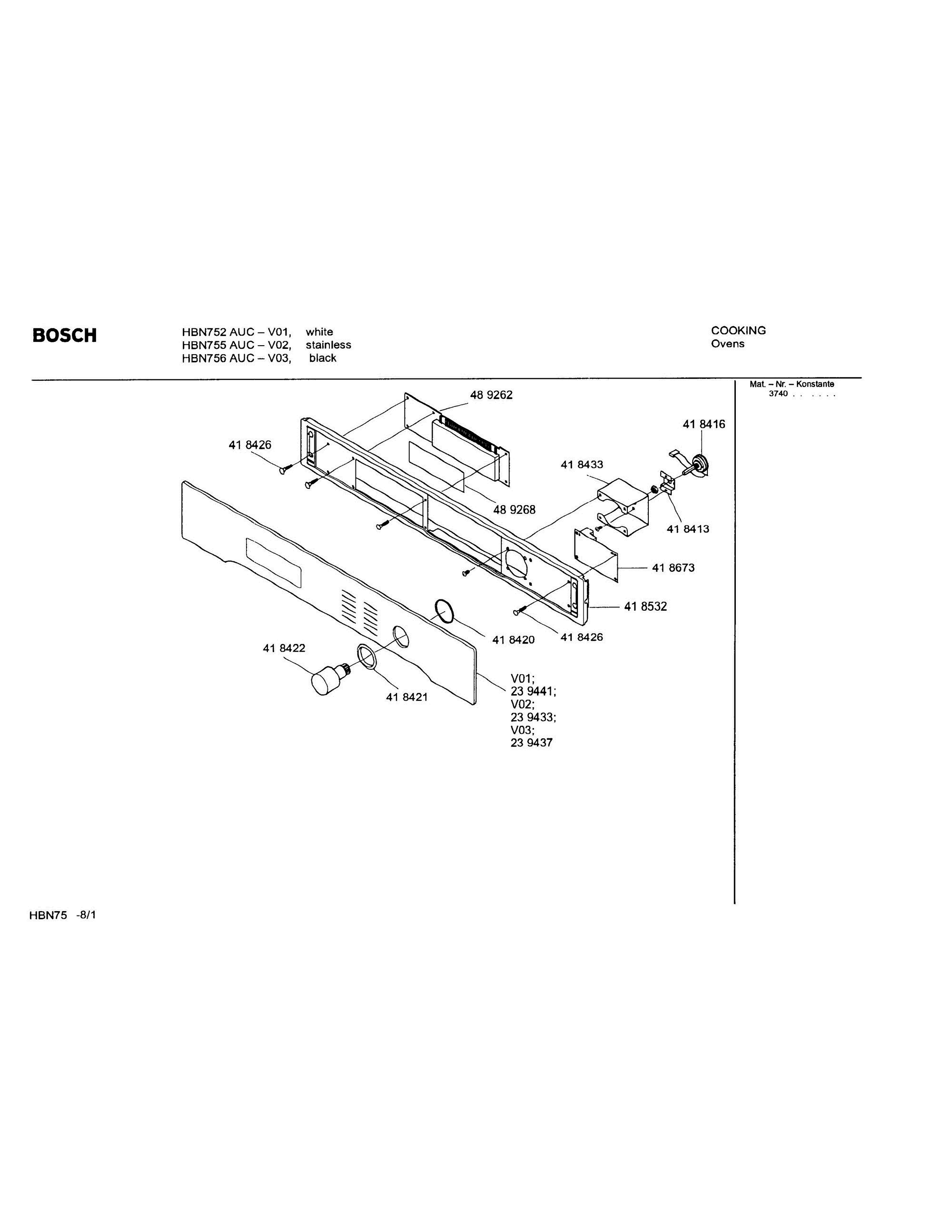 01 - FASCIA PANEL Diagram and Parts List for HBN756AUC(FD8207-)  Bosch Wall Oven