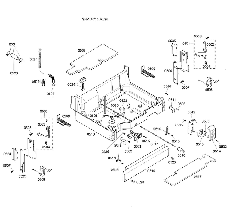 Base Assy Diagram and Parts List for SHV46C13UC 28 Bosch Dishwasher