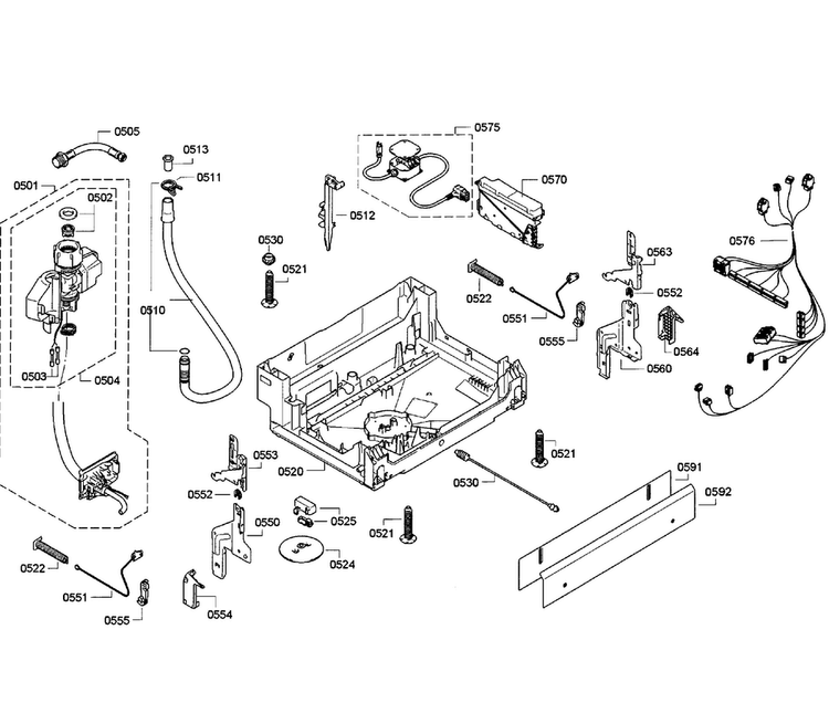 Base Assy Diagram and Parts List for SGE63E06UC 55 Bosch Dishwasher