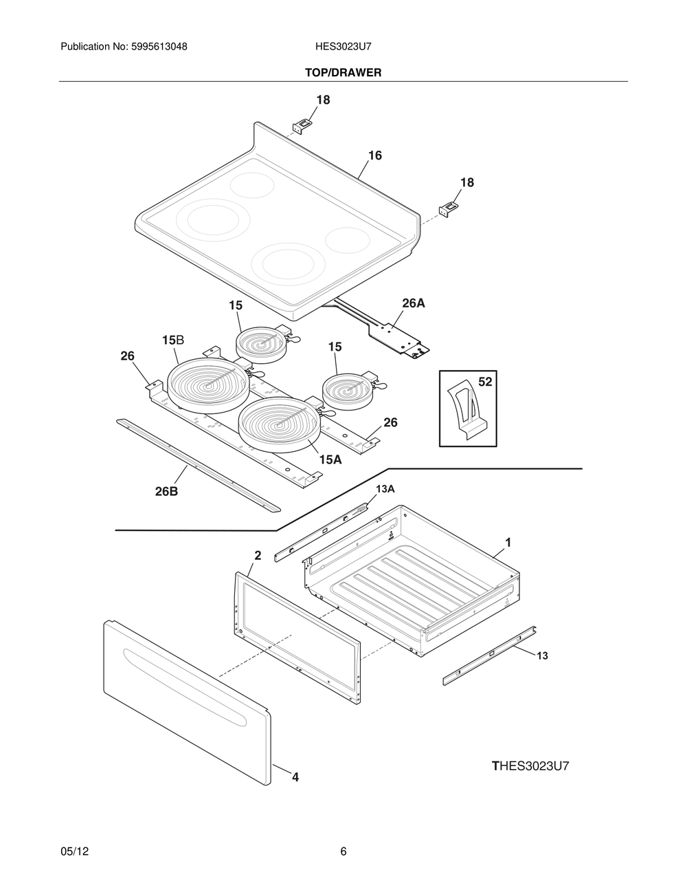 Top/Drawer Diagram and Parts List for HES3023U7  Bosch Range