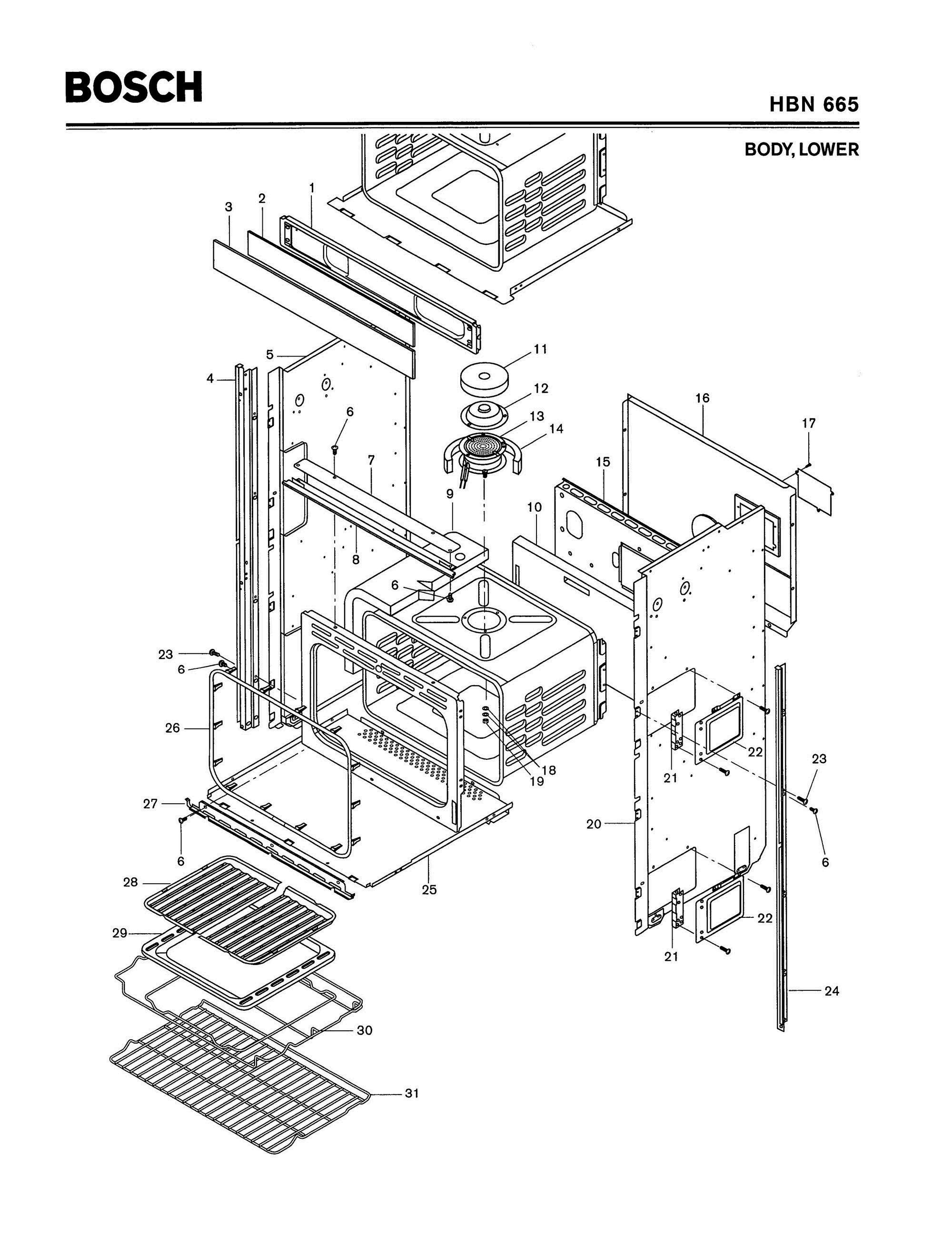 02 - BODY, LOWER Diagram and Parts List for HBN665  Bosch Range