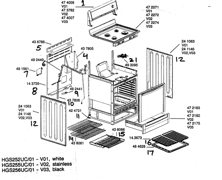 Range Shelving Diagram and Parts List for HGS256UC 01 Bosch Range