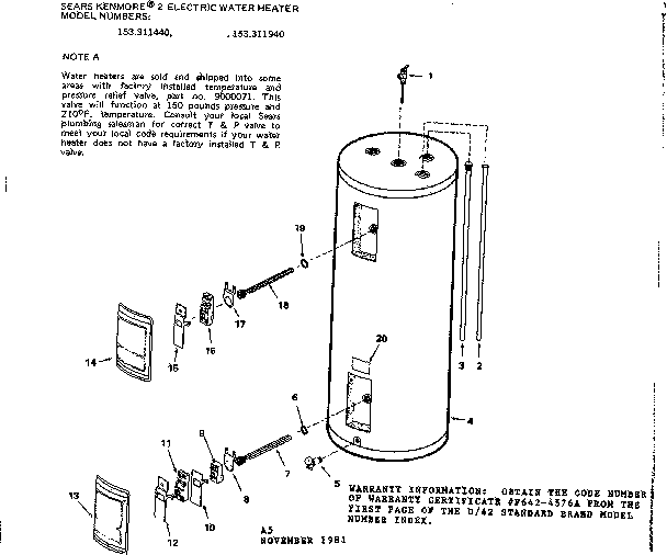 Replacement Parts Diagram and Parts List for 153311440  Kenmore Water Heater