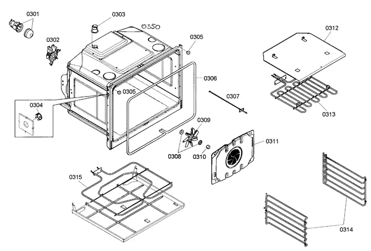 Upper Oven Diagram and Parts List for HBN3520UC 02 Bosch Wall Oven
