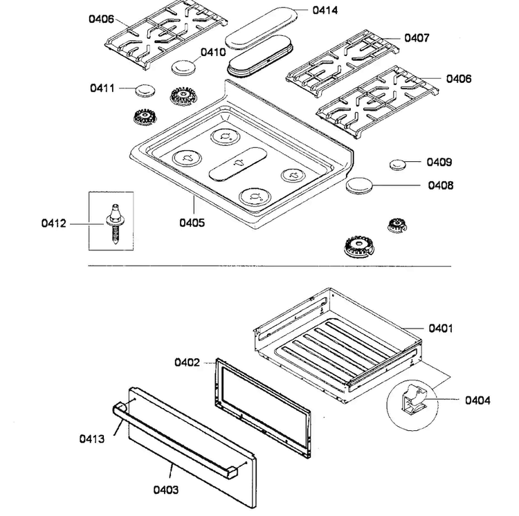 Top/drawer Diagram and Parts List for HGS5053UC 01 Bosch Range