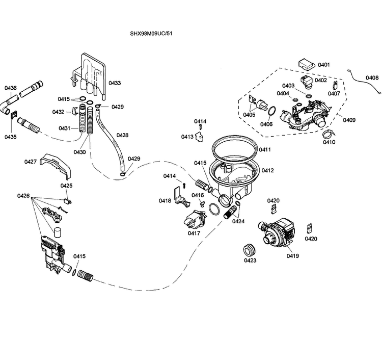 Pump Assy Diagram and Parts List for SHX98M09UC 51 Bosch Dishwasher