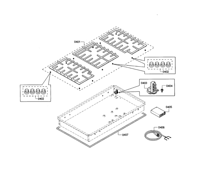 Grate Assy Diagram and Parts List for NGM5655UC 01 Bosch Cooktop