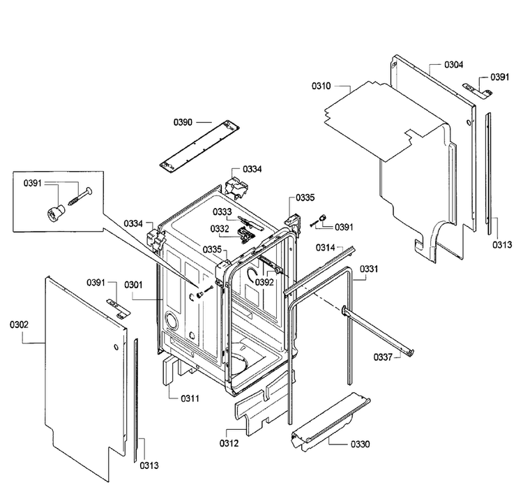 Cabinet Diagram and Parts List for SPE53U56UC 26 Bosch Dishwasher