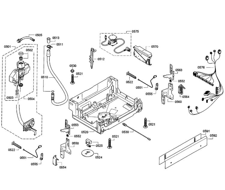 Base Assy Diagram and Parts List for SGE63E15UC 55 Bosch Dishwasher