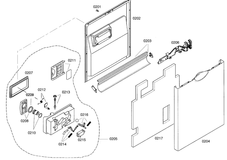Door Assy Diagram and Parts List for SHE44C02UC 43 Bosch Dishwasher