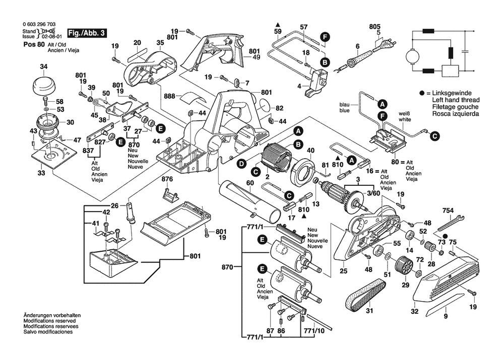 Section 3 Diagram and Parts List for PHO35-82CE 0603296750 Bosch Planer Jointer