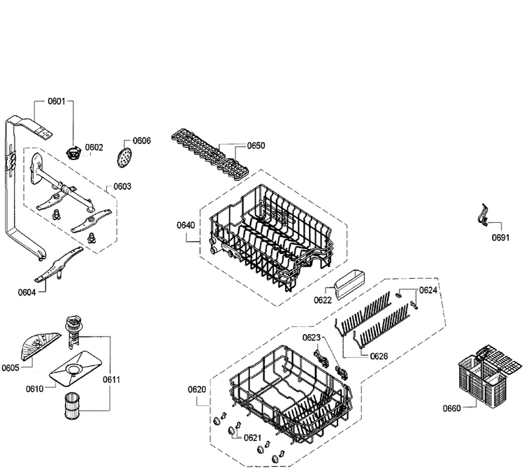 Baskets Assy Diagram and Parts List for SPE53U56UC 26 Bosch Dishwasher