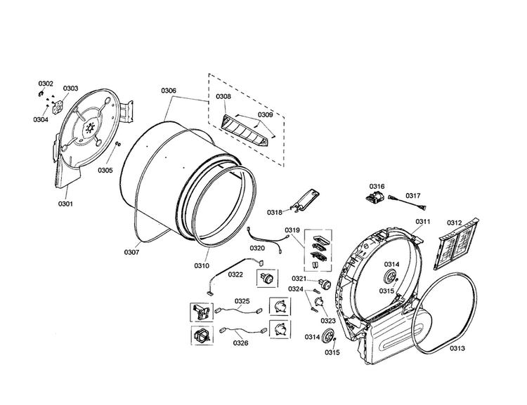 Drum/tub Diagram and Parts List for WTMC1301US 03 Bosch Dryer