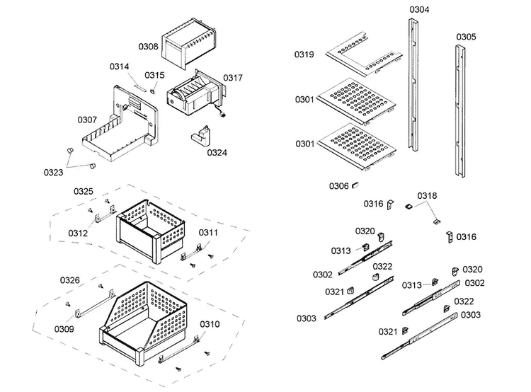 Drawers Assy Diagram and Parts List for B18ID80NLP 01 Bosch Freezer