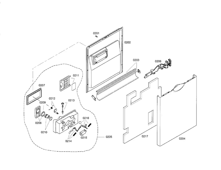 Door/dispenser Diagram and Parts List for SHE44C02UC 22 Bosch Dishwasher