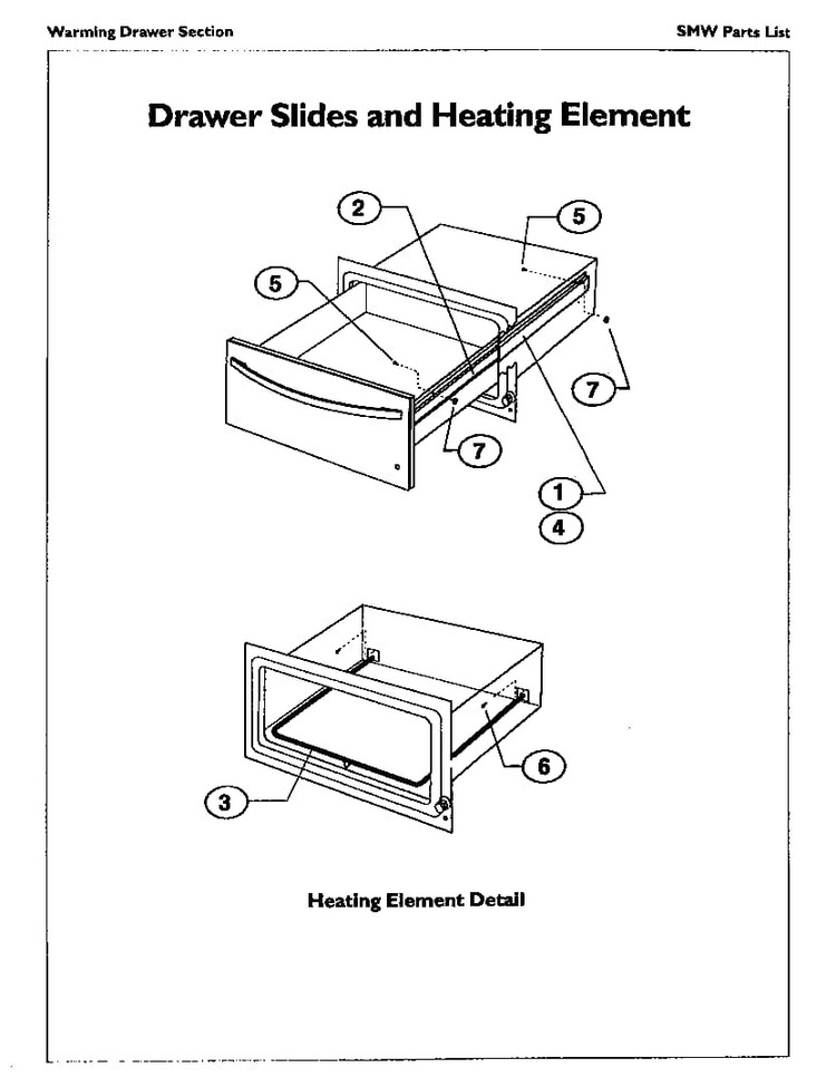 Drawer Slides And Heating Element Diagram and Parts List for SMW272S  Thermador Range