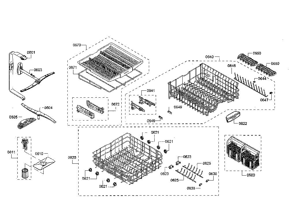 Spray arm/racks Diagram and Parts List for SHX863WB5N 01 Bosch Dishwasher