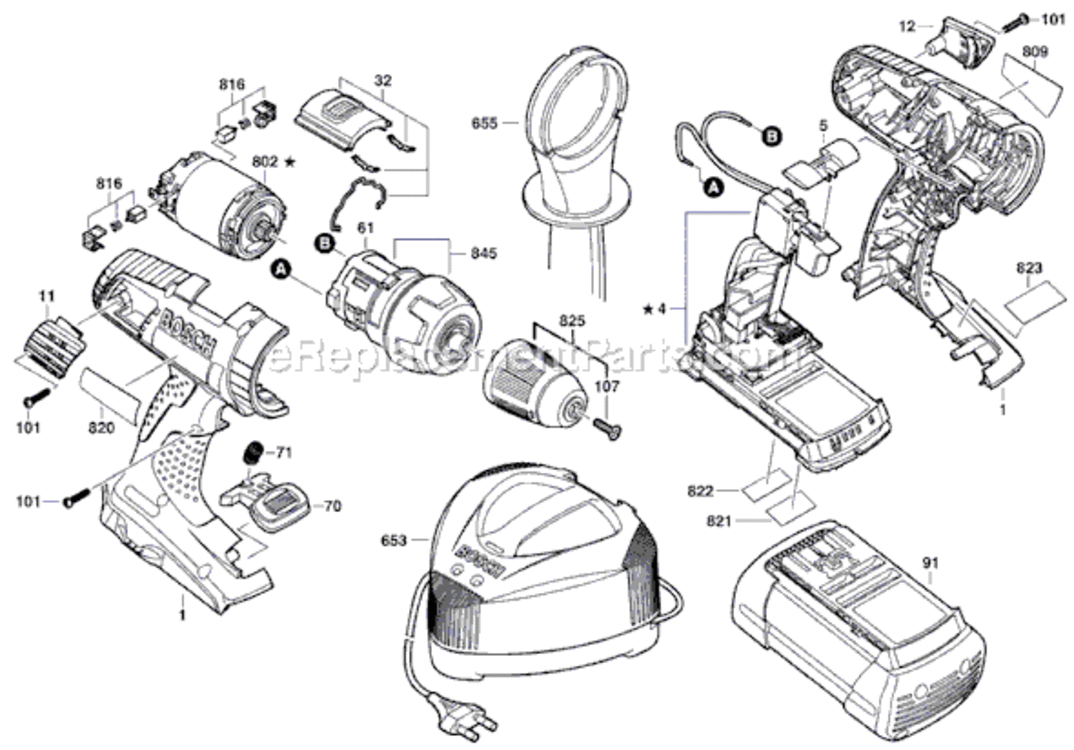 Page A Diagram and Parts List for 38636-01 3601J12110 Bosch Cordless Drill