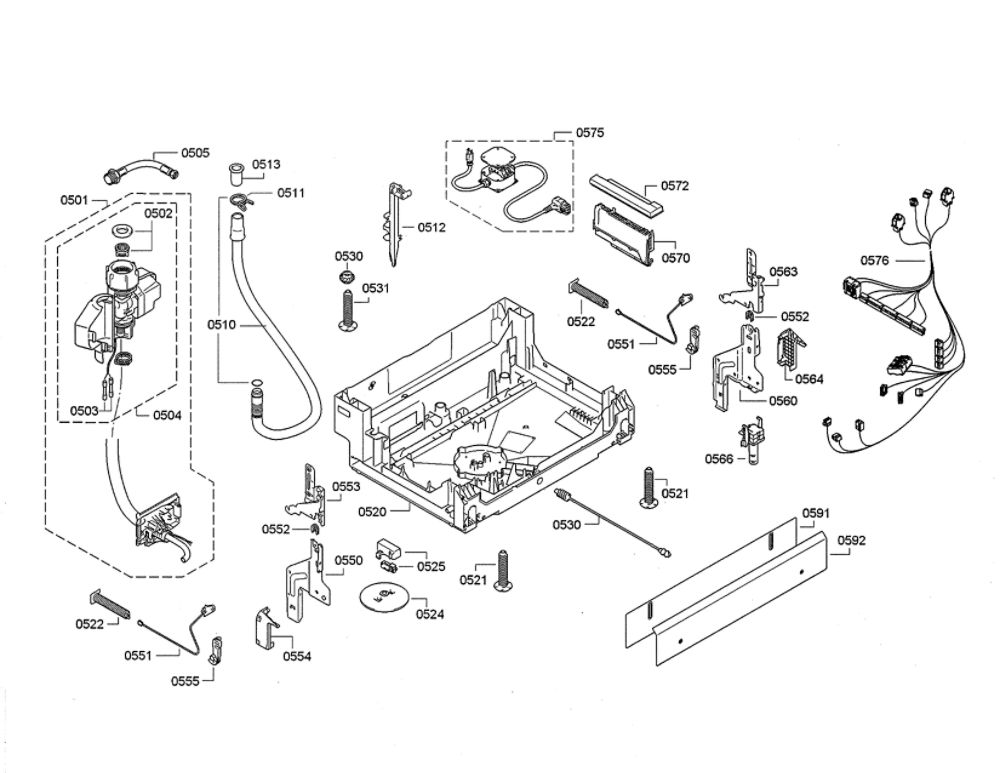 Base/Aquastop Diagram and Parts List for DWHD640JFP B3 Thermador Dishwasher