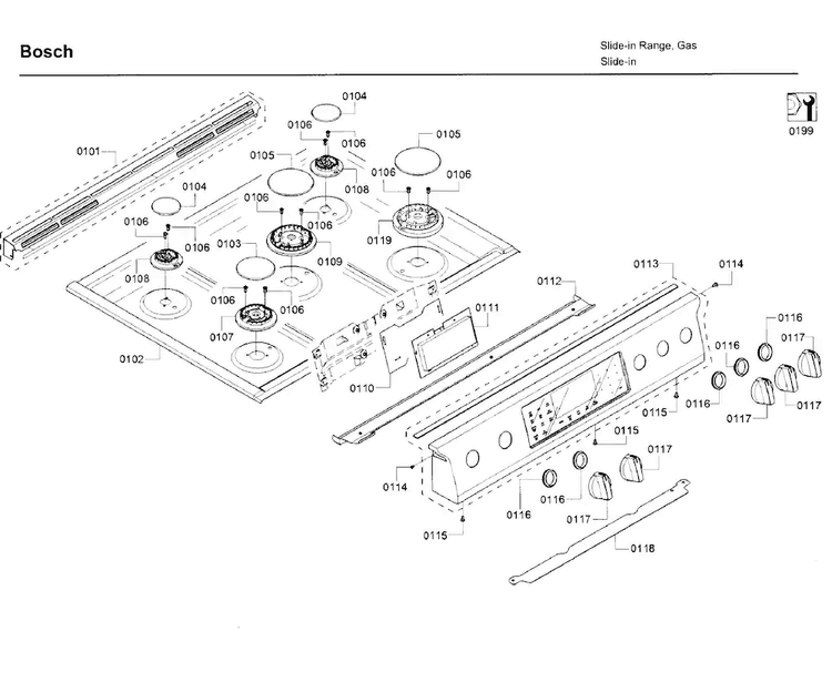 Cooktop Diagram and Parts List for HDI8054U 03 Bosch Range
