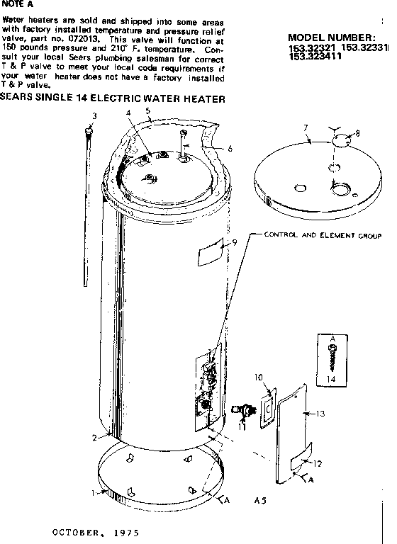 Non-functional Replacement Parts Diagram and Parts List for 153323411  Kenmore Water Heater