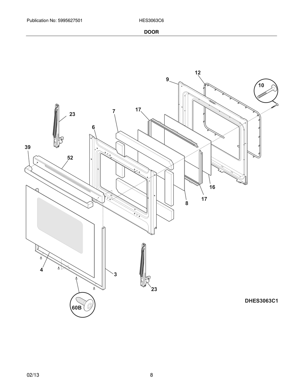 Door Diagram and Parts List for HES3063C6  Bosch Range
