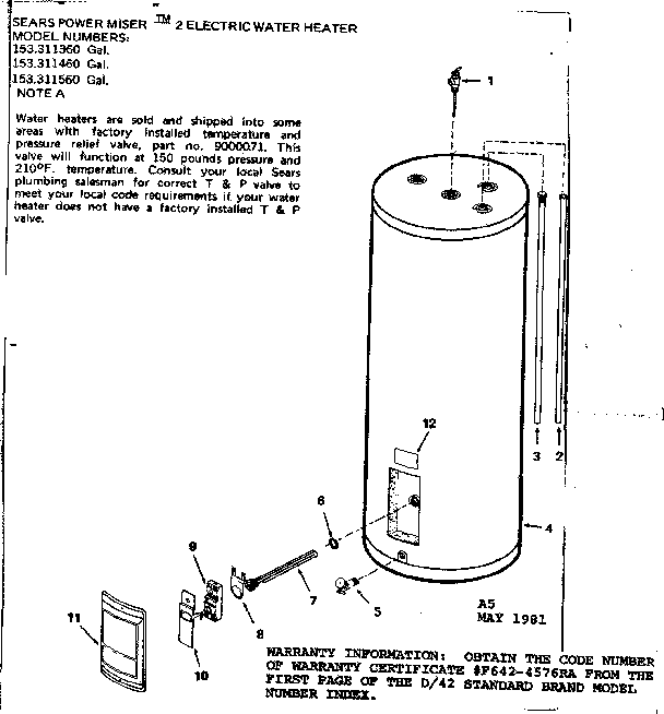 Replacement Parts Diagram and Parts List for 153311460  Kenmore Water Heater