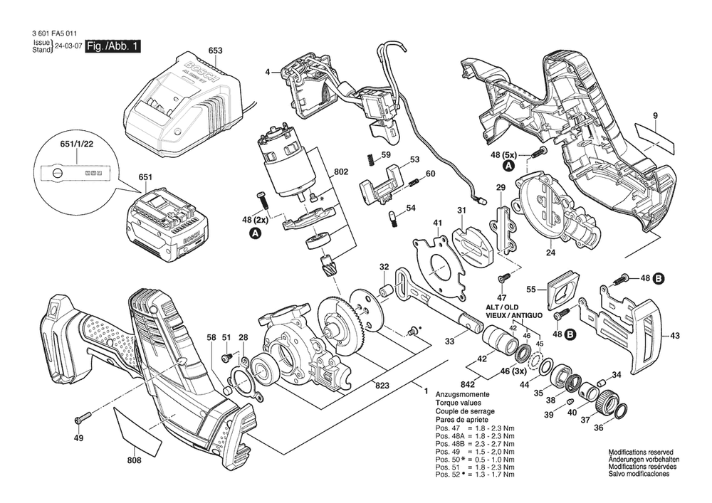 Section 1 Diagram and Parts List for GSA18-083N 3601FA5011 Bosch Reciprocating Saw
