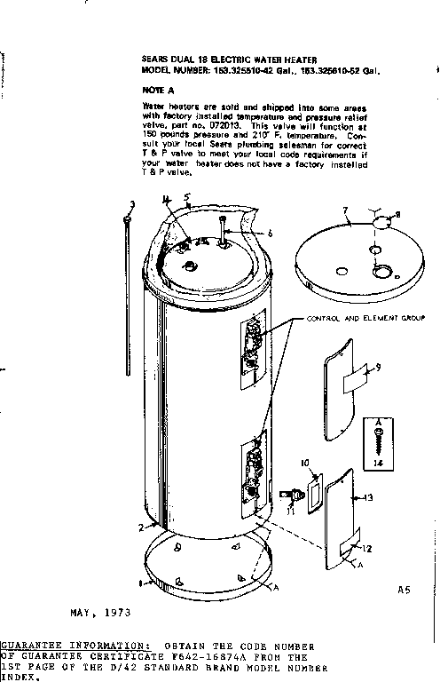Non-functional Replacement Parts Diagram and Parts List for 153325510  Kenmore Water Heater