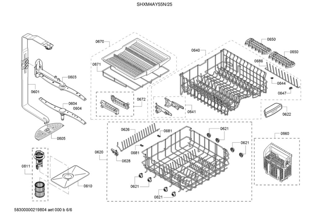 Spray Arm/Racks Diagram and Parts List for SHXM4AY55N 25 Bosch Dishwasher