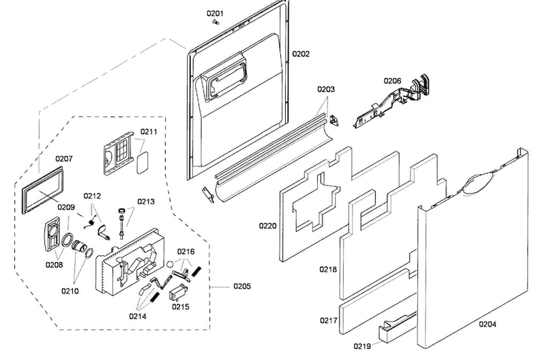 Door Assy Diagram and Parts List for SHE43M02UC 53 Bosch Dishwasher