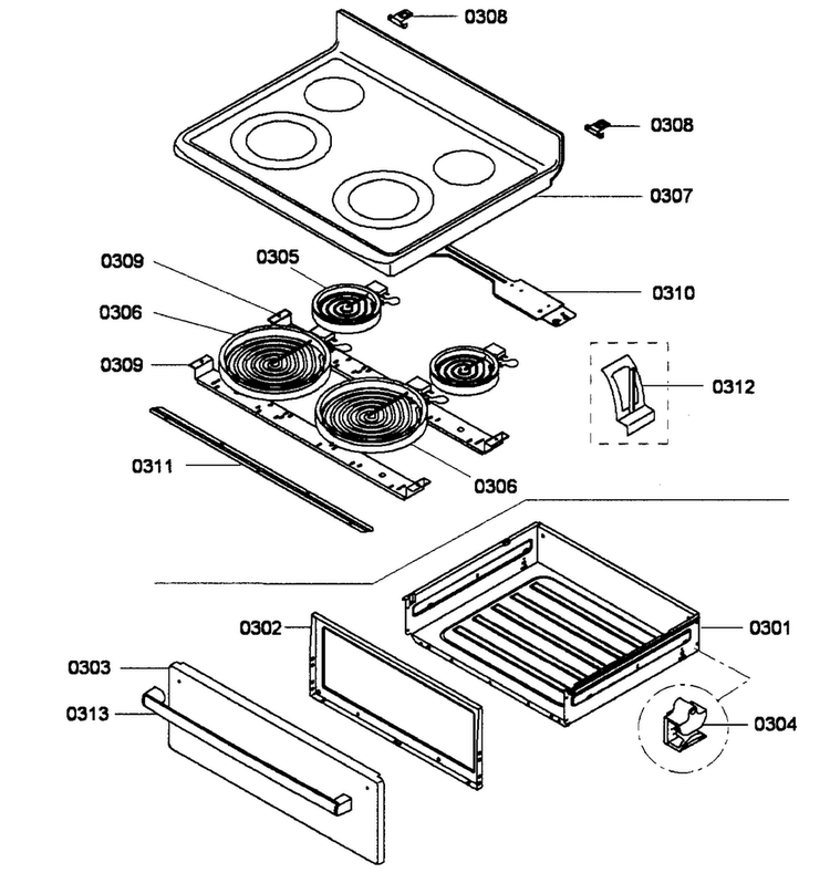 Top/drawer Diagram and Parts List for HES3053U 01 Bosch Range